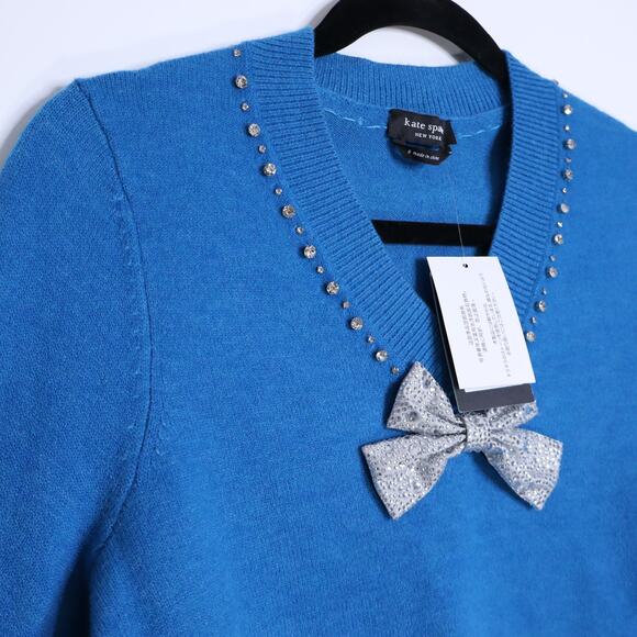 KATE SPADE NWT Bow Embellished V Neck Sweater Bright Cerulean Women's S - Picture 6 of 9